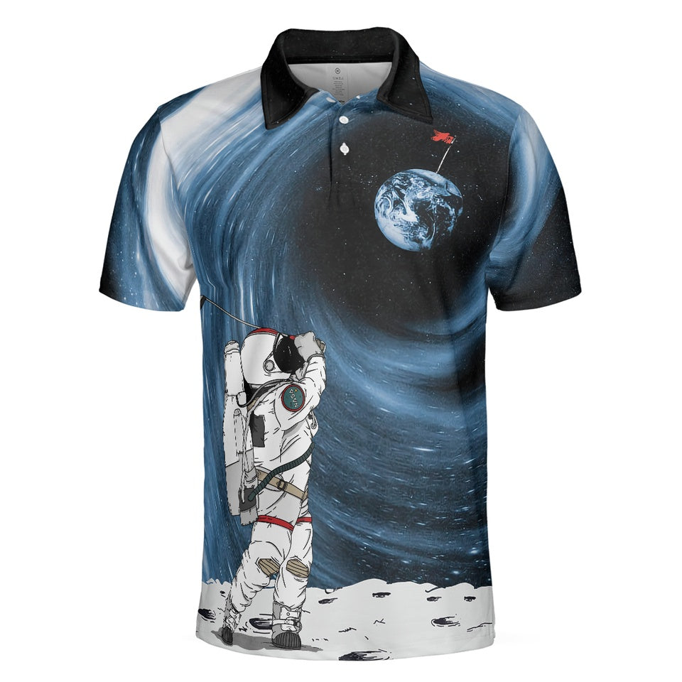 Golf Polo Shirt Astronaut Golfing Outer Space Black Adult