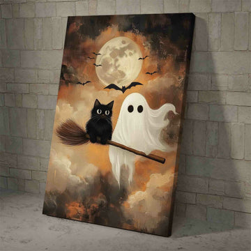 Canvas Black Cat With Little Ghost Fly In The Moon Halloween Wall Art Painting And Poster