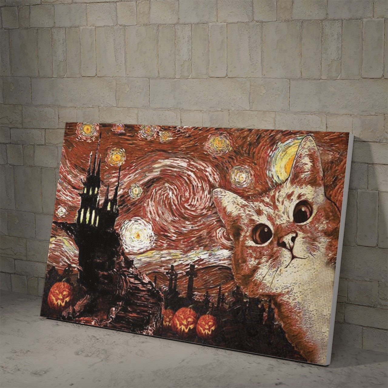 Canvas Cat And Starry Night Creepy Castle Haunted Pumpkin Halloween Poster