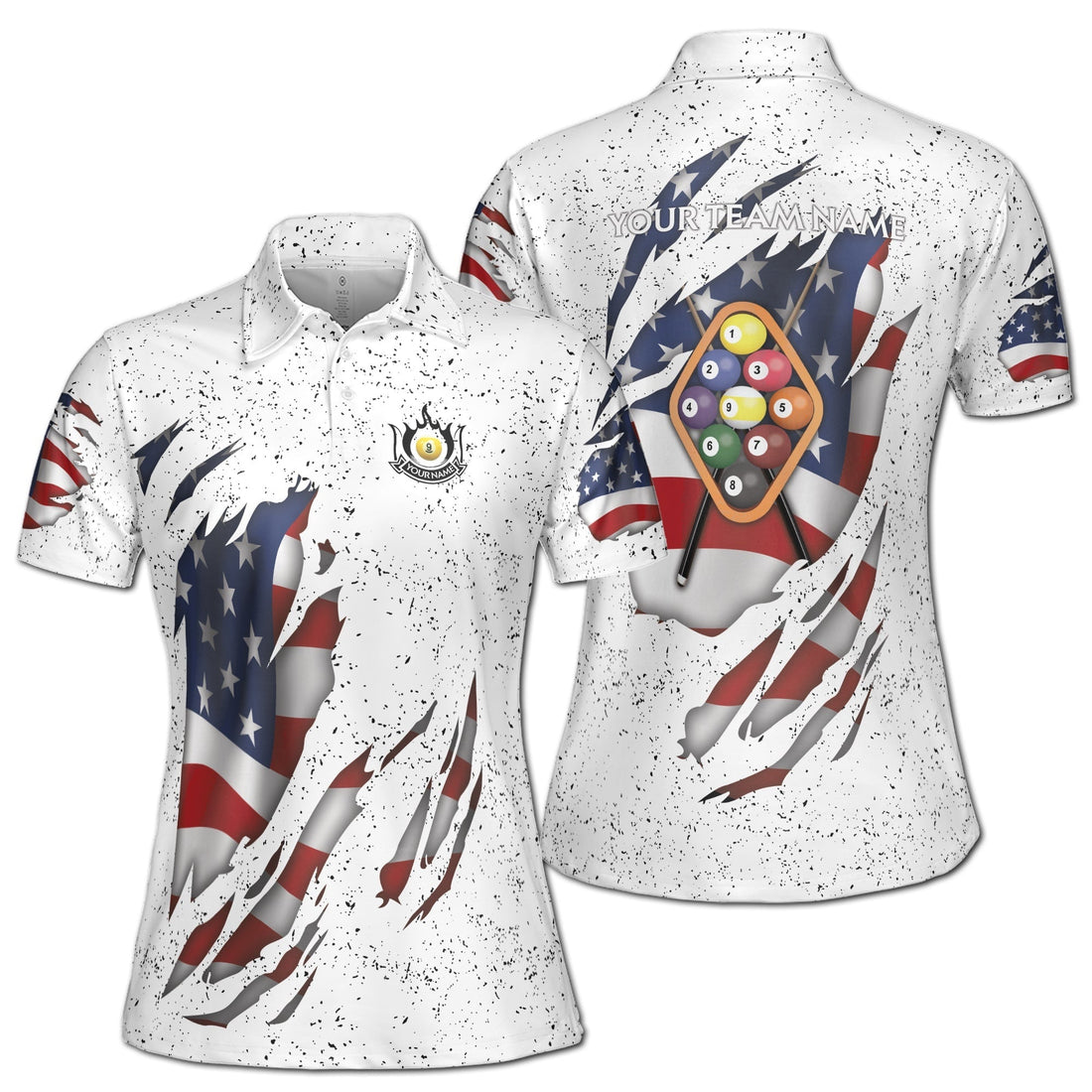 Custom Billiards Polo Shirt 9 Ball Pool White Adult