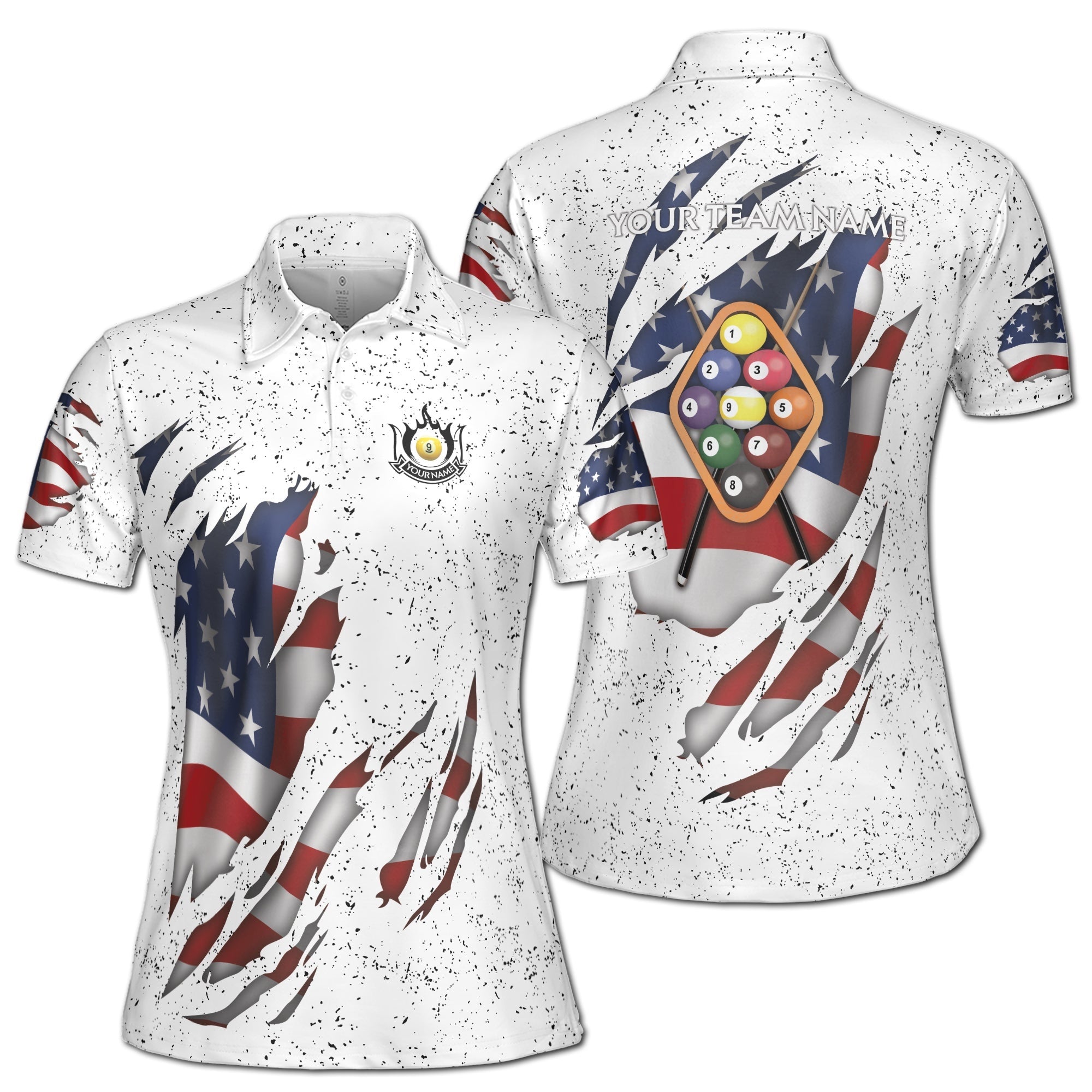 Custom Billiards Polo Shirt 9 Ball Pool White Adult