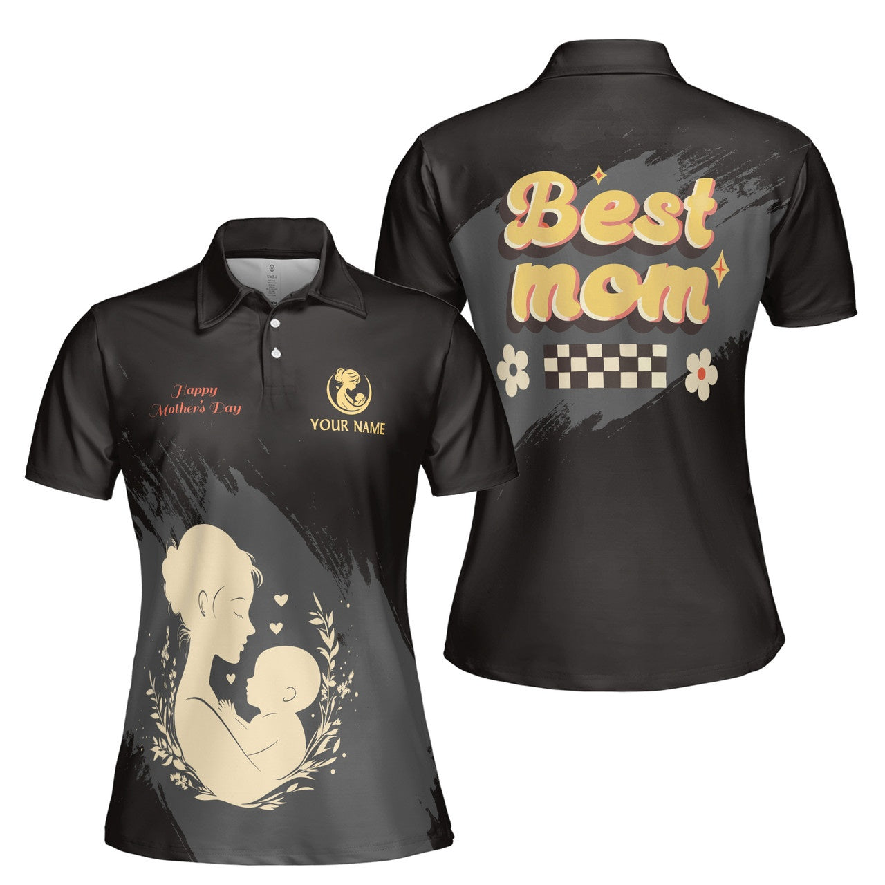 Custom Polo Shirt Name Best Mom Floral Sparkle Black For Mom Adult