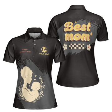 Custom Polo Shirt Name Best Mom Floral Sparkle Black For Mom Adult