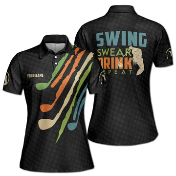 Custom Golf Polo Shirt Name Black Vintage Swing Swear Drink Repeat Golf Adult