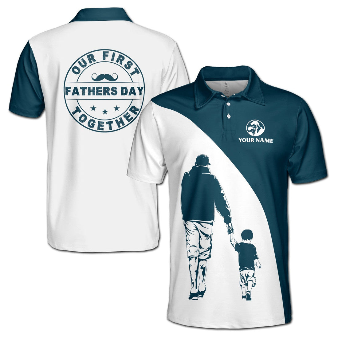 Custom Polo Shirt Name Dad Our First Together White Dark Cyan 3D Adult