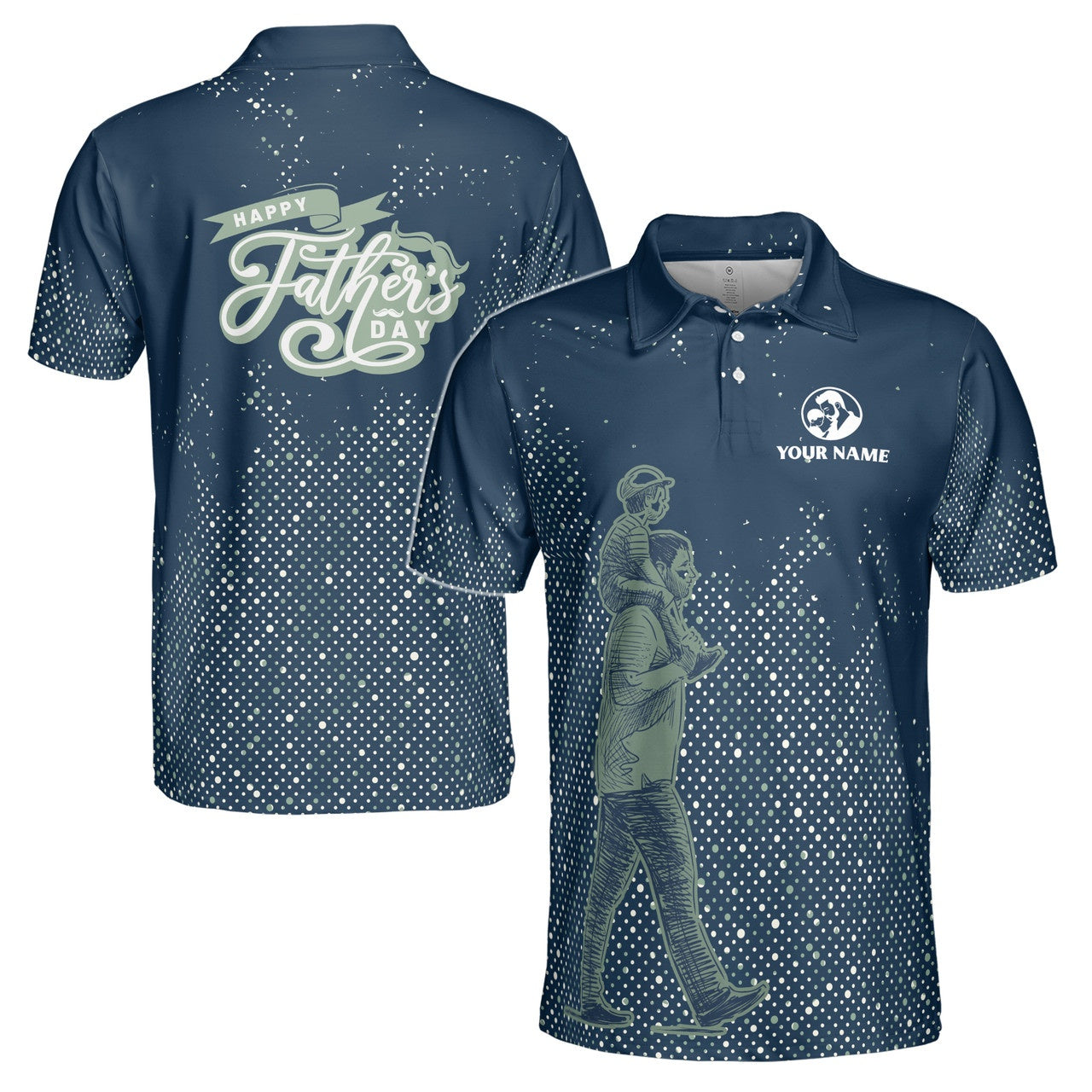 Custom Polo Shirt Name Happy Dad Child Dots Pattern Dark Blue 3D Adult
