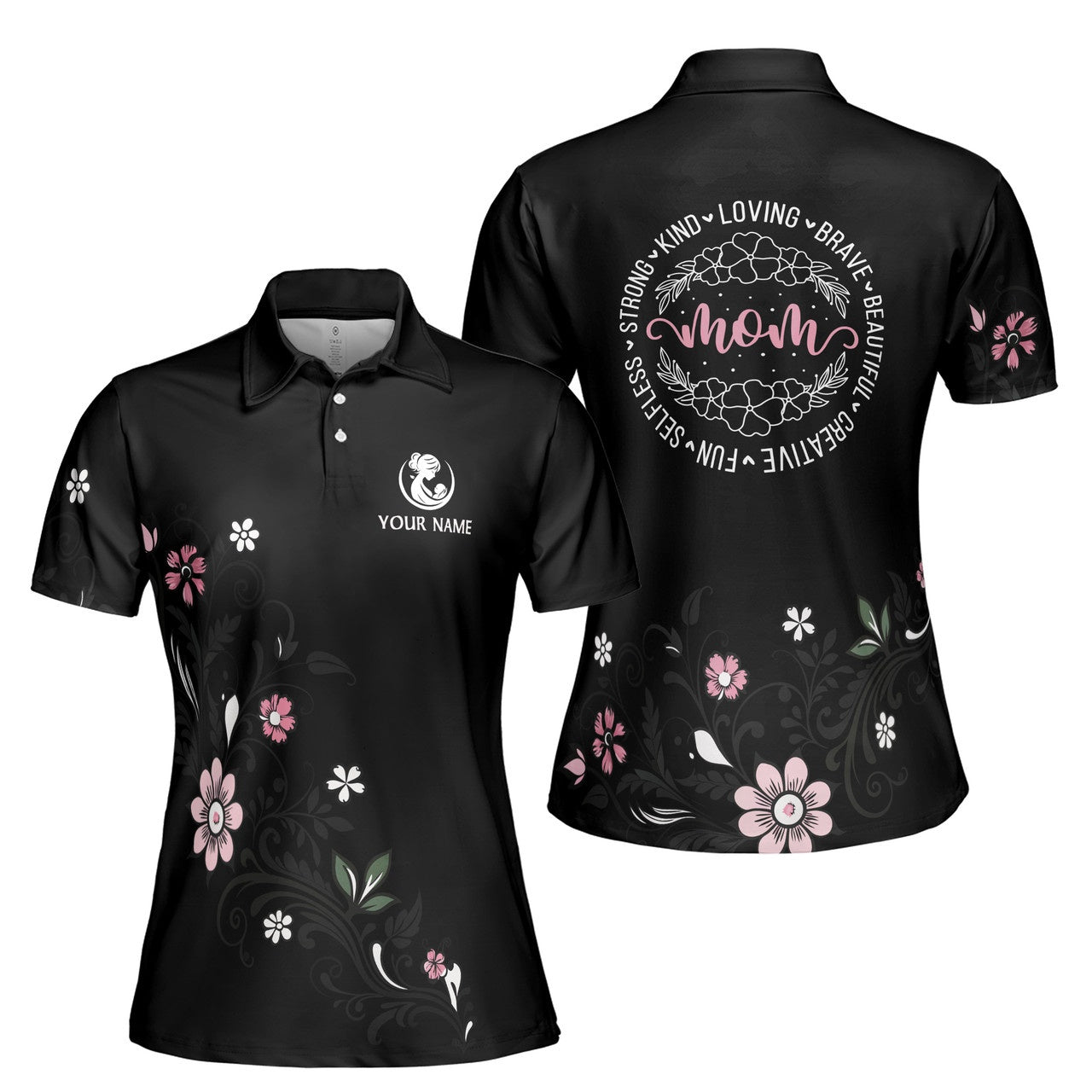 Custom Polo Shirt Name Mom Adjectives Flora Pattern Black For Mom Adult
