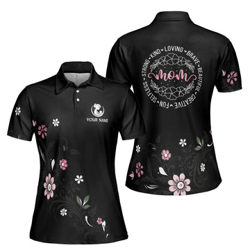 Custom Polo Shirt Name Mom Adjectives Flora Pattern Black For Mom Adult
