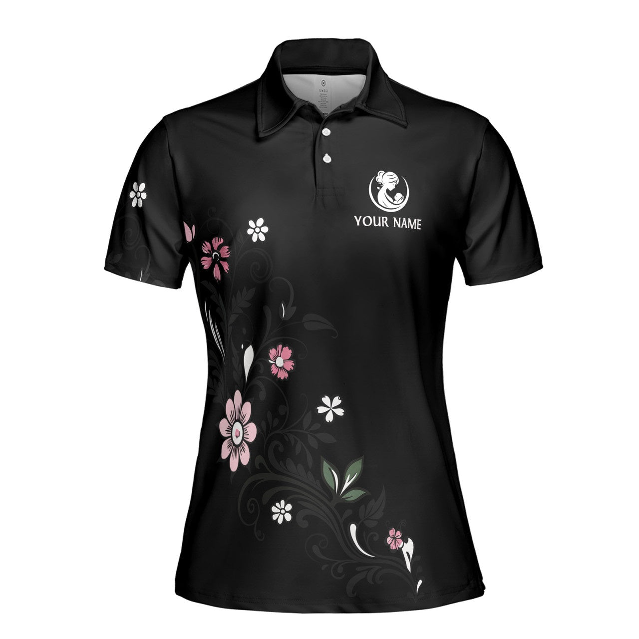 Custom Polo Shirt Name Mom Adjectives Flora Pattern Black For Mom Adult