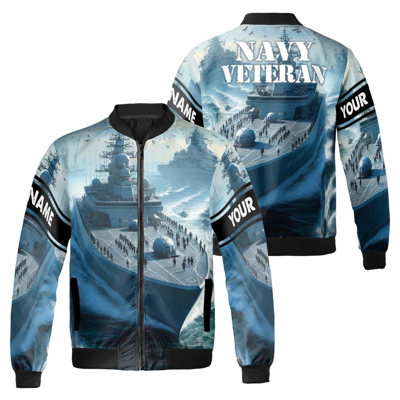 Custom Bomber Jacket Name Navy Veteran Battleship On The Ocean Blue Adult