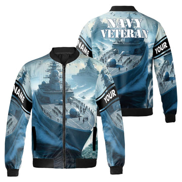 Custom Bomber Jacket Name Navy Veteran Battleship On The Ocean Blue Adult