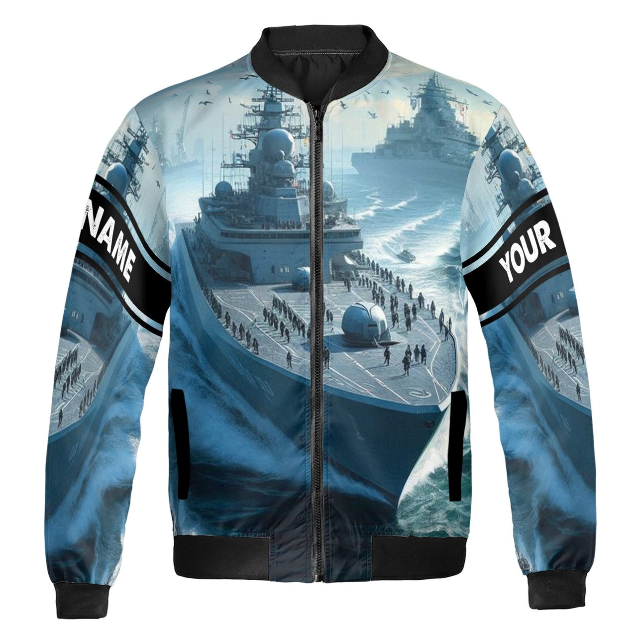Custom Bomber Jacket Name Navy Veteran Battleship On The Ocean Blue Adult