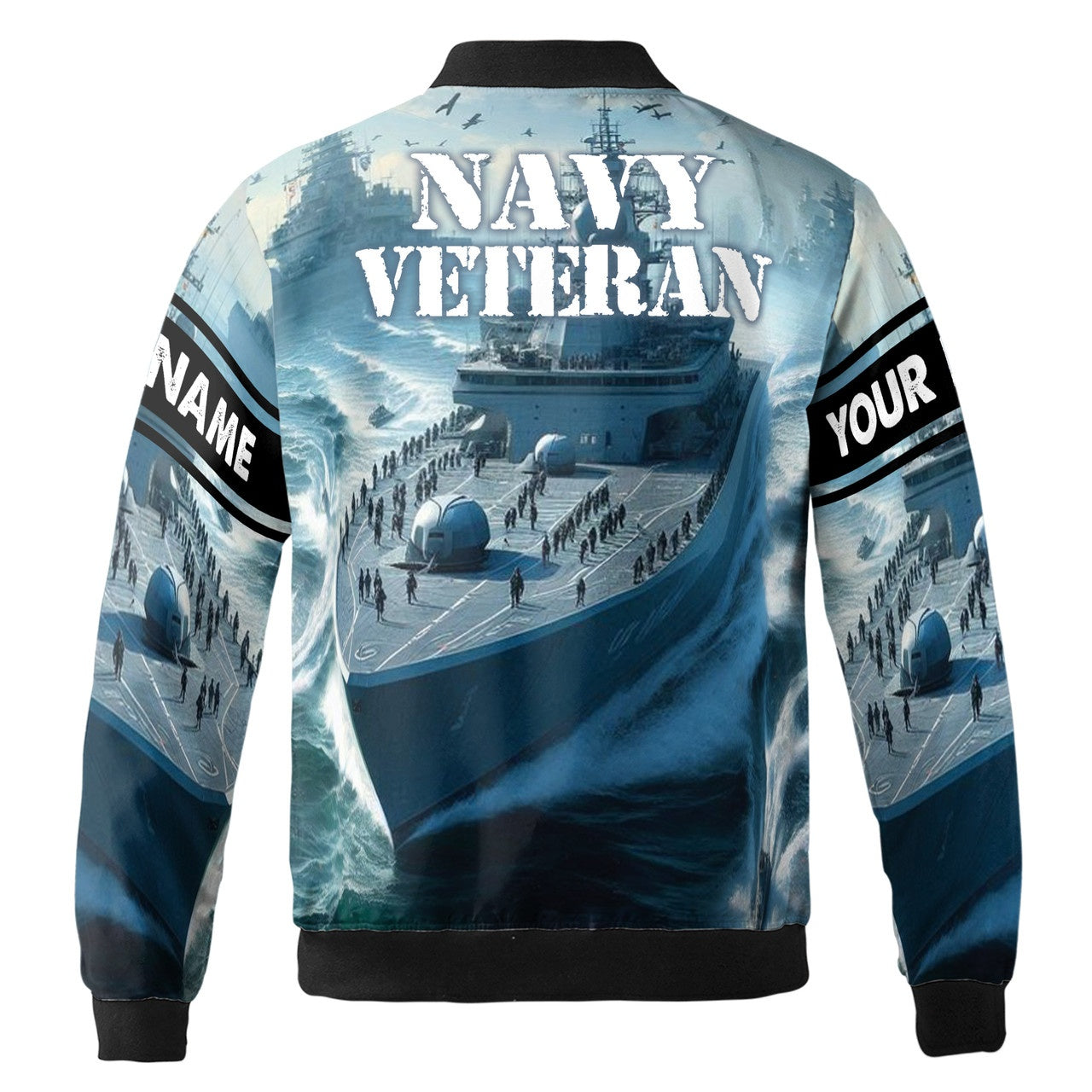 Custom Bomber Jacket Name Navy Veteran Battleship On The Ocean Blue Adult