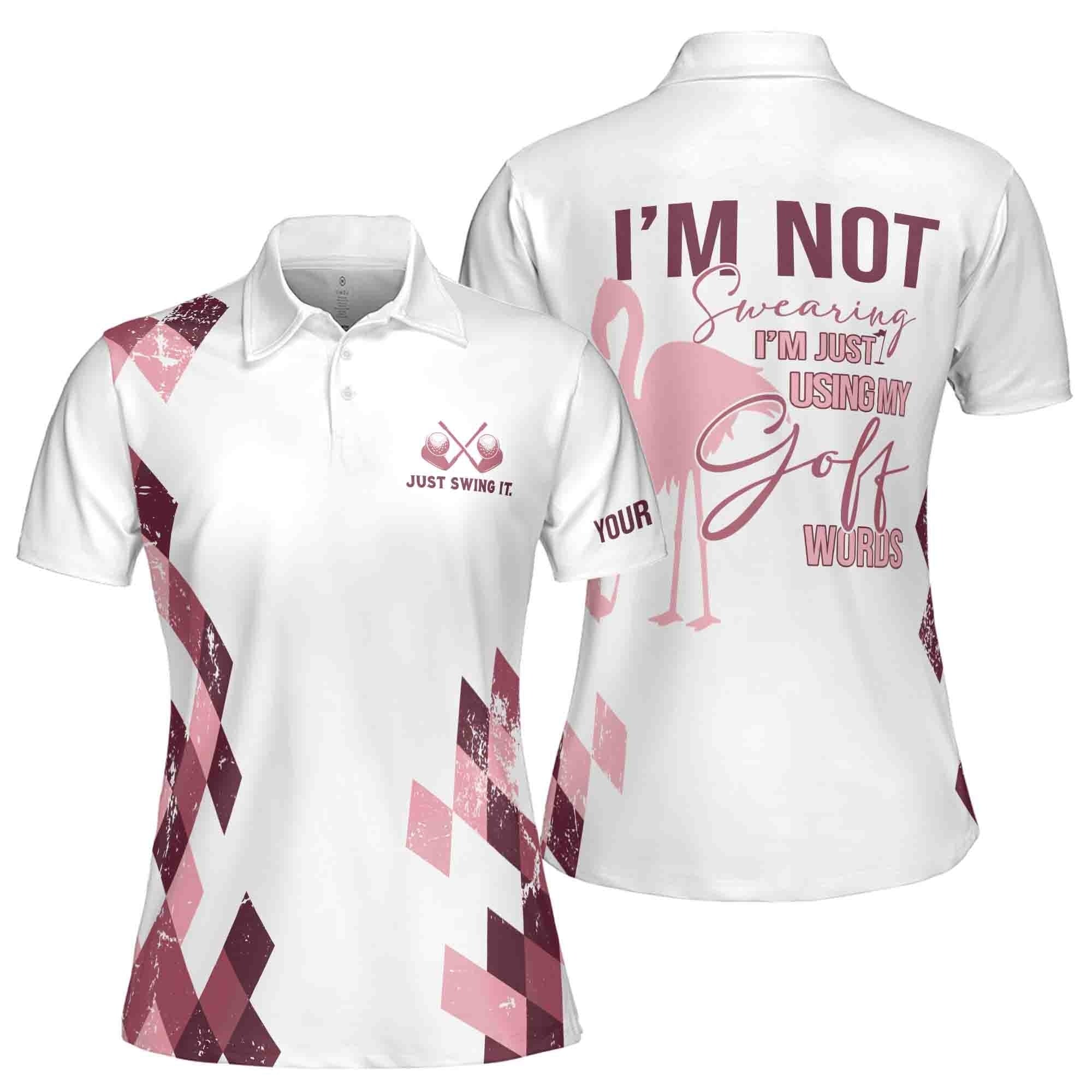 Custom Golf Polo Shirt Name Pink Flamingo Argyle Just Swing It Golf Adult