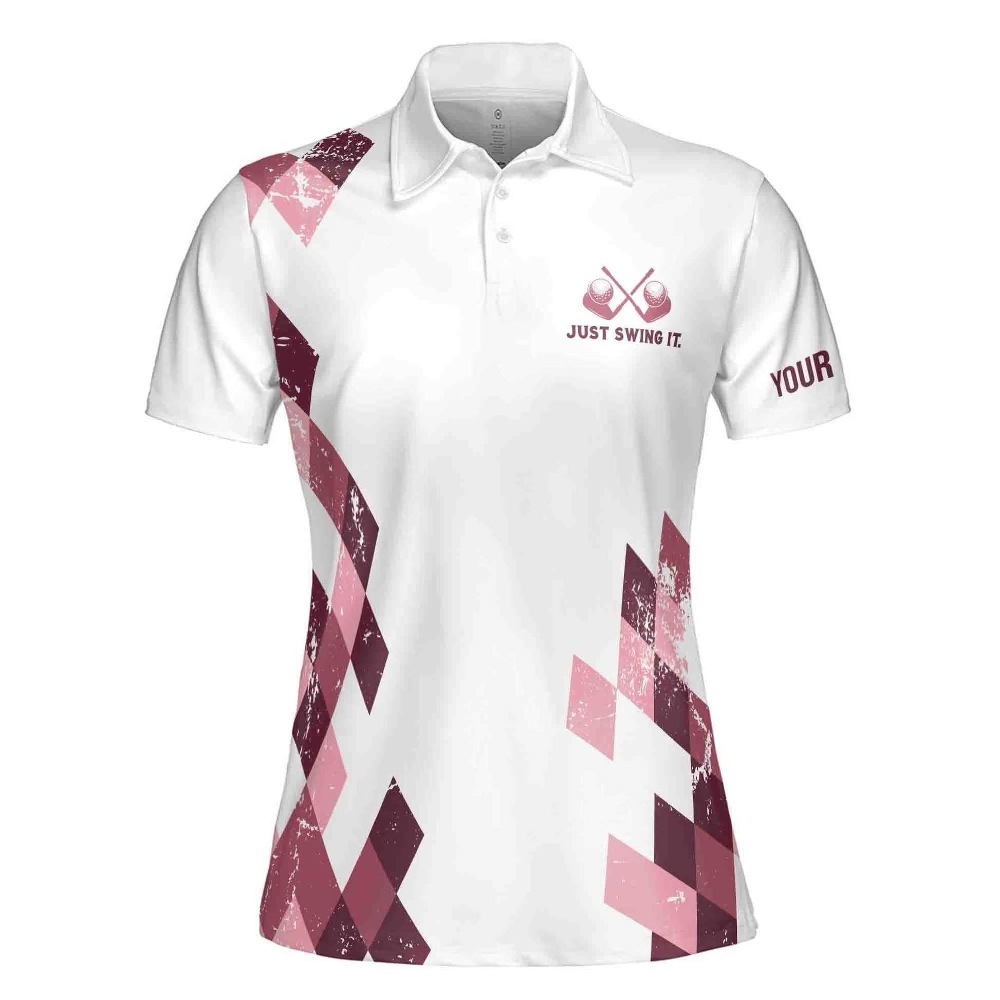 Custom Golf Polo Shirt Name Pink Flamingo Argyle Just Swing It Golf Adult