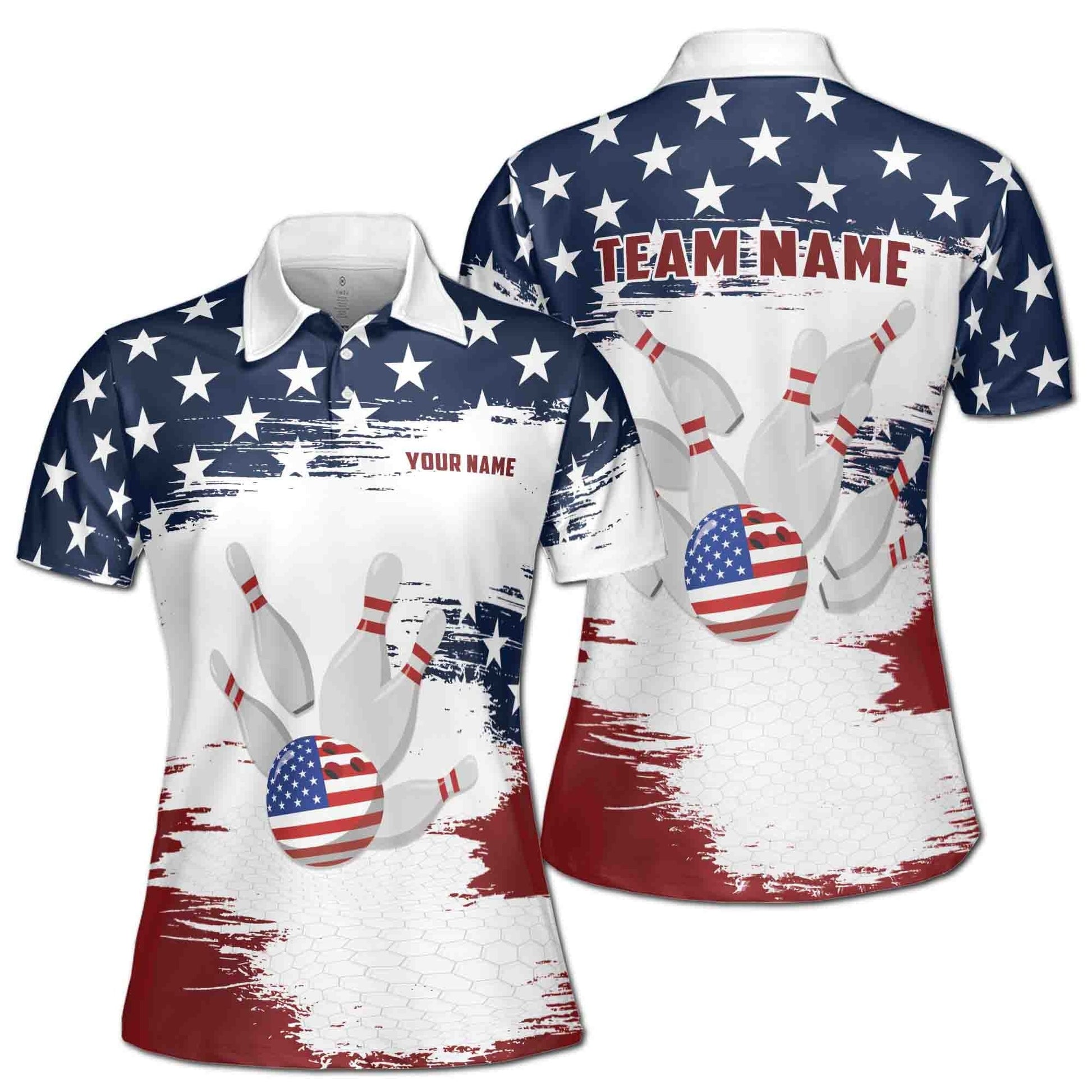 Custom Bowling Polo Shirt Personalized Name Team Name American Flag Ball Women