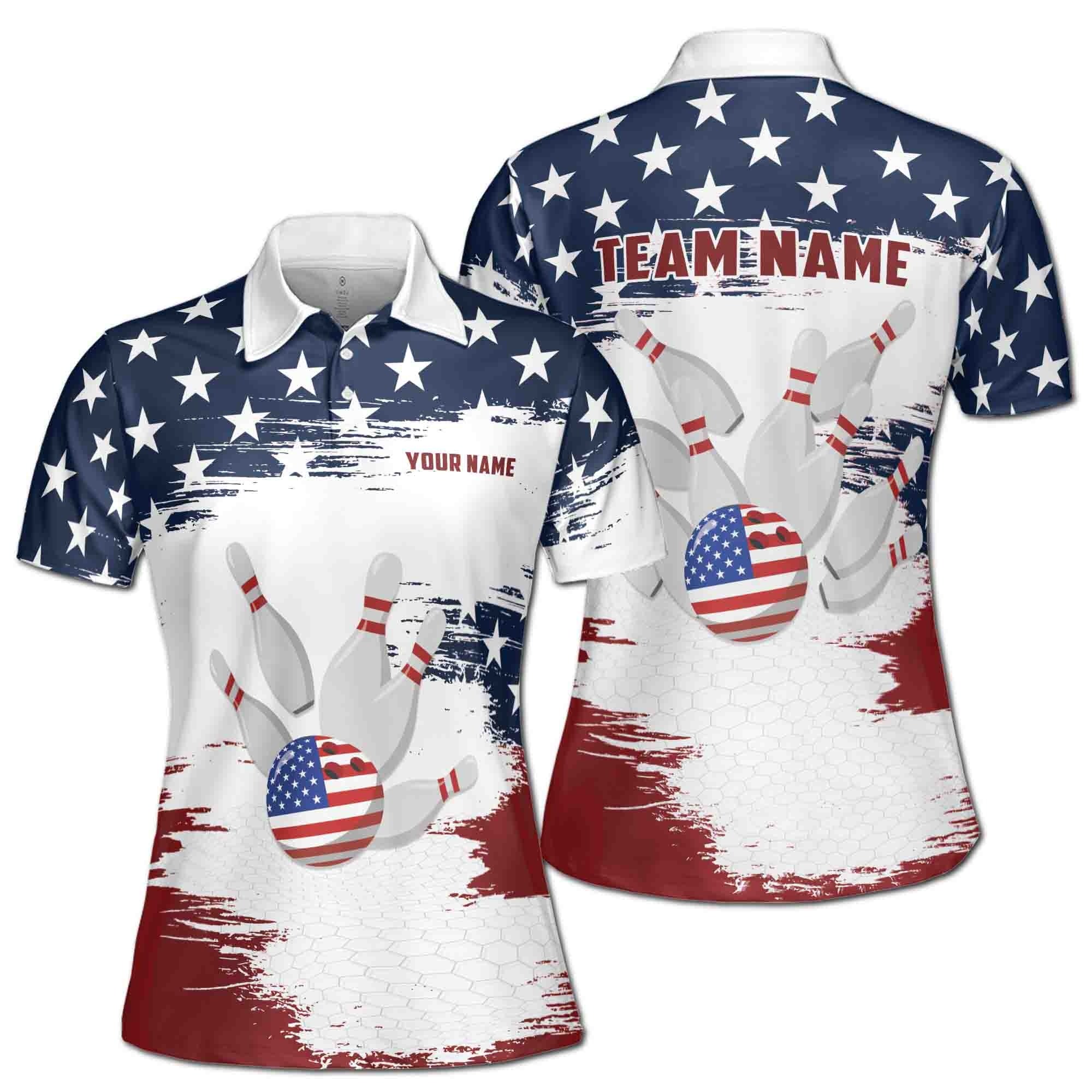 Custom Bowling Polo Shirt Personalized Name Team Name American Flag Ball Women