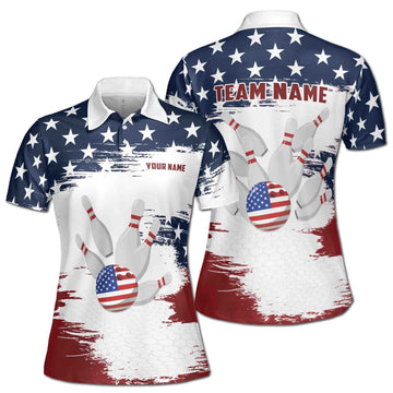 Custom Bowling Polo Shirt Personalized Name Team Name American Flag Ball Women