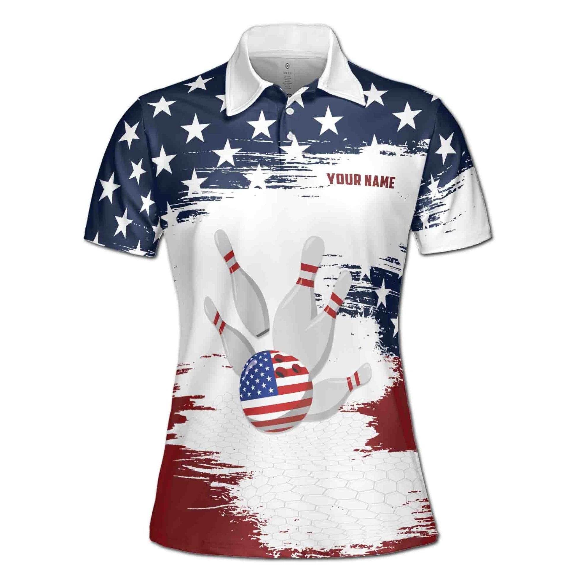 Custom Bowling Polo Shirt Personalized Name Team Name American Flag Ball Women