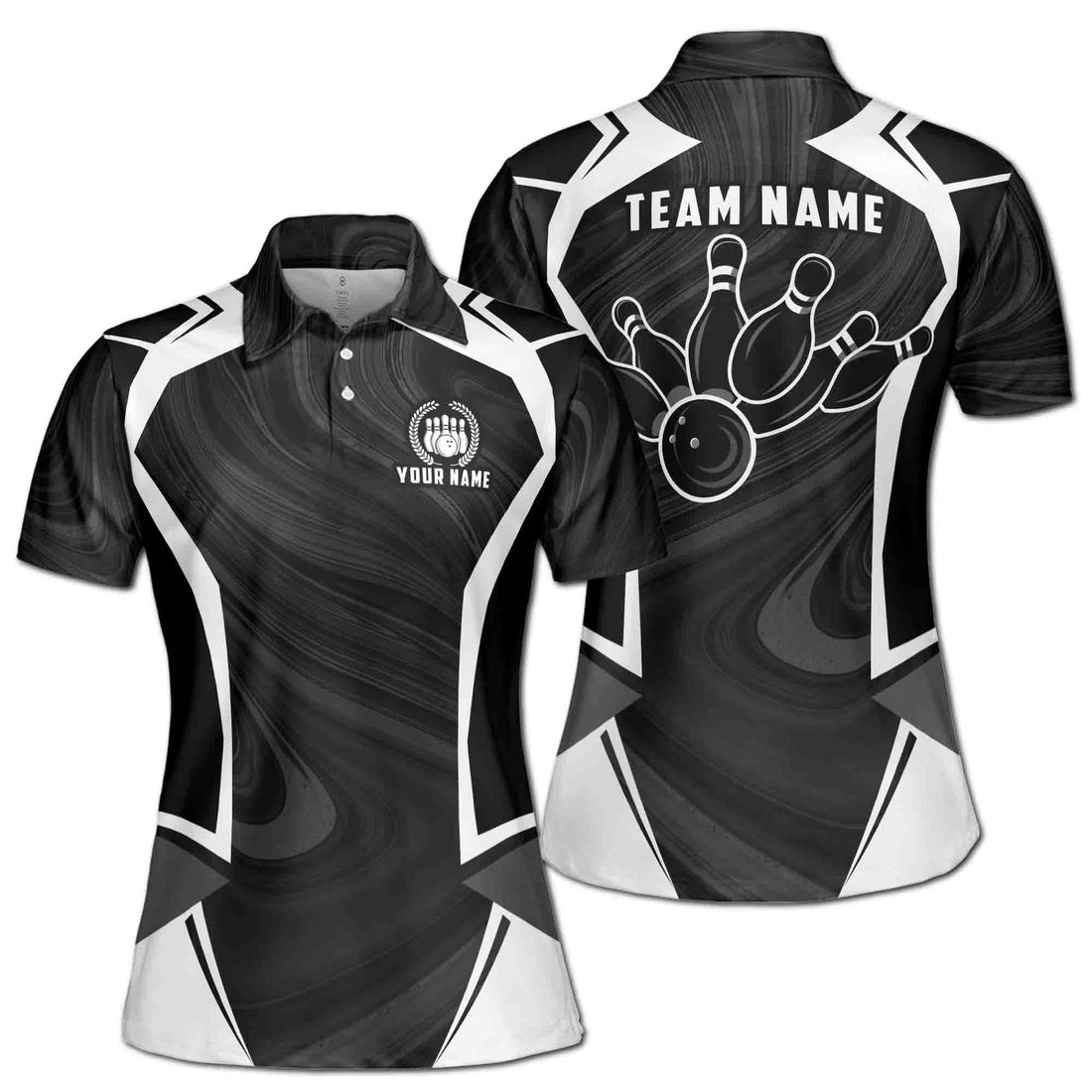 Custom Bowling Polo Shirt Personalized Name Team Name Black Ball And Pins Women
