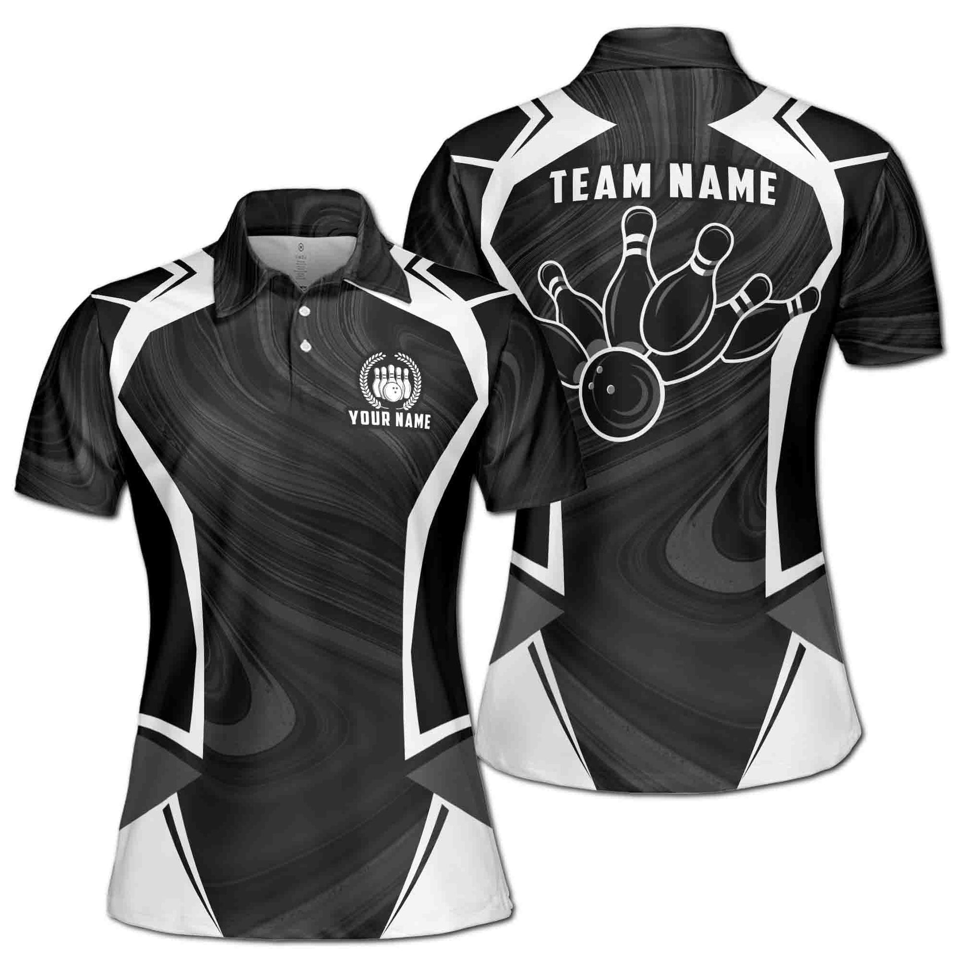 Custom Bowling Polo Shirt Personalized Name Team Name Black Ball And Pins Women
