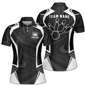 Custom Bowling Polo Shirt Personalized Name Team Name Black Ball And Pins Women