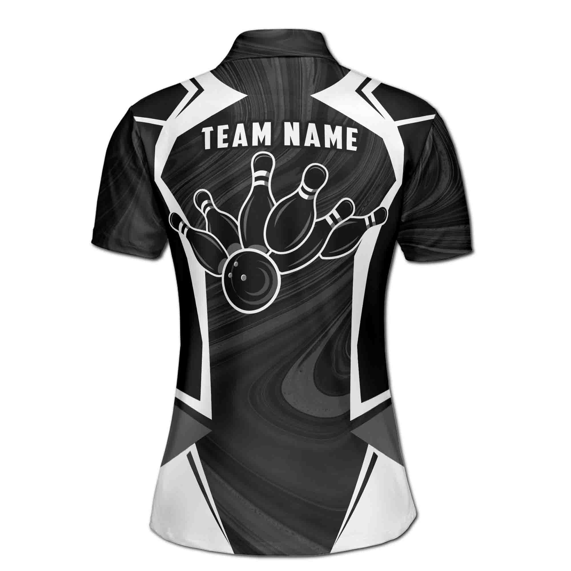 Custom Bowling Polo Shirt Personalized Name Team Name Black Ball And Pins Women