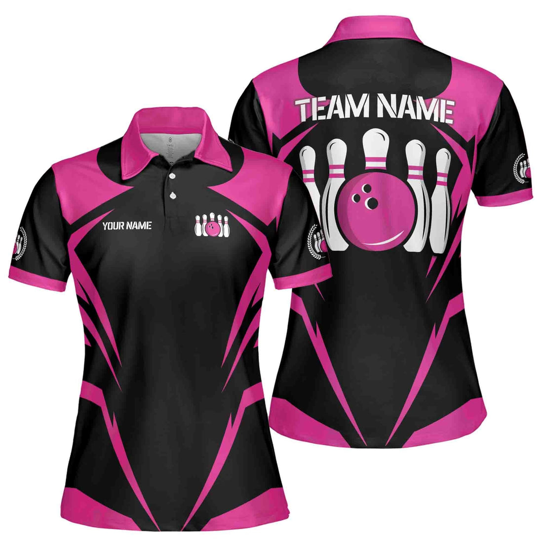 Custom Bowling Polo Shirt Personalized Name Team Name Black Pink Ball Women
