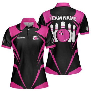 Custom Bowling Polo Shirt Personalized Name Team Name Black Pink Ball Women