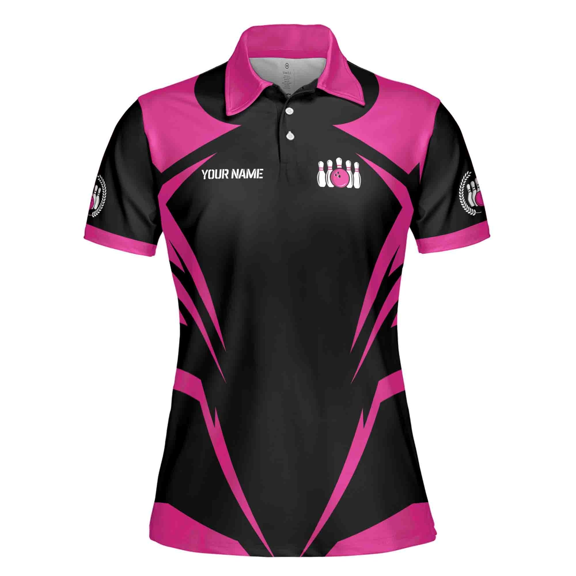 Custom Bowling Polo Shirt Personalized Name Team Name Black Pink Ball Women