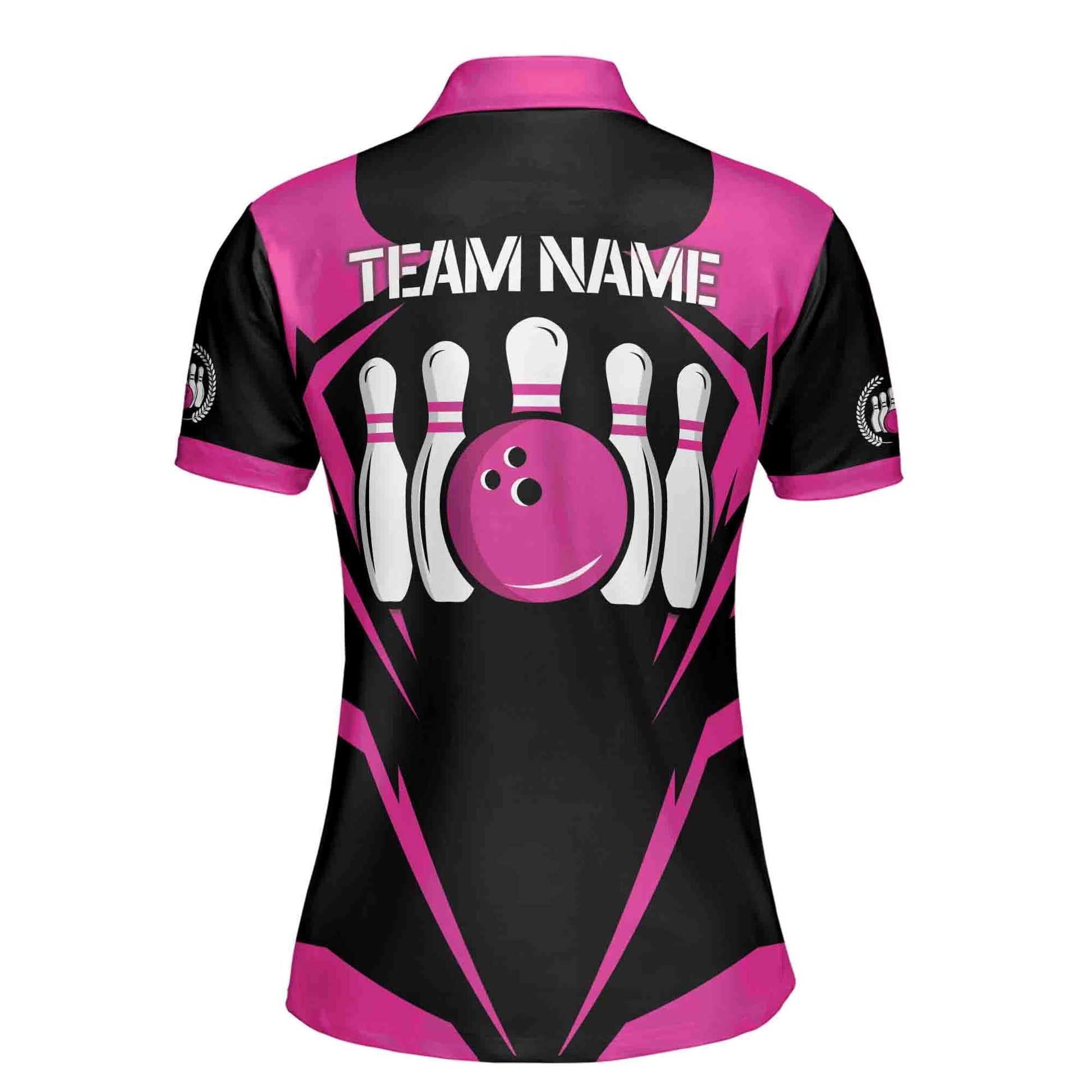 Custom Bowling Polo Shirt Personalized Name Team Name Black Pink Ball Women