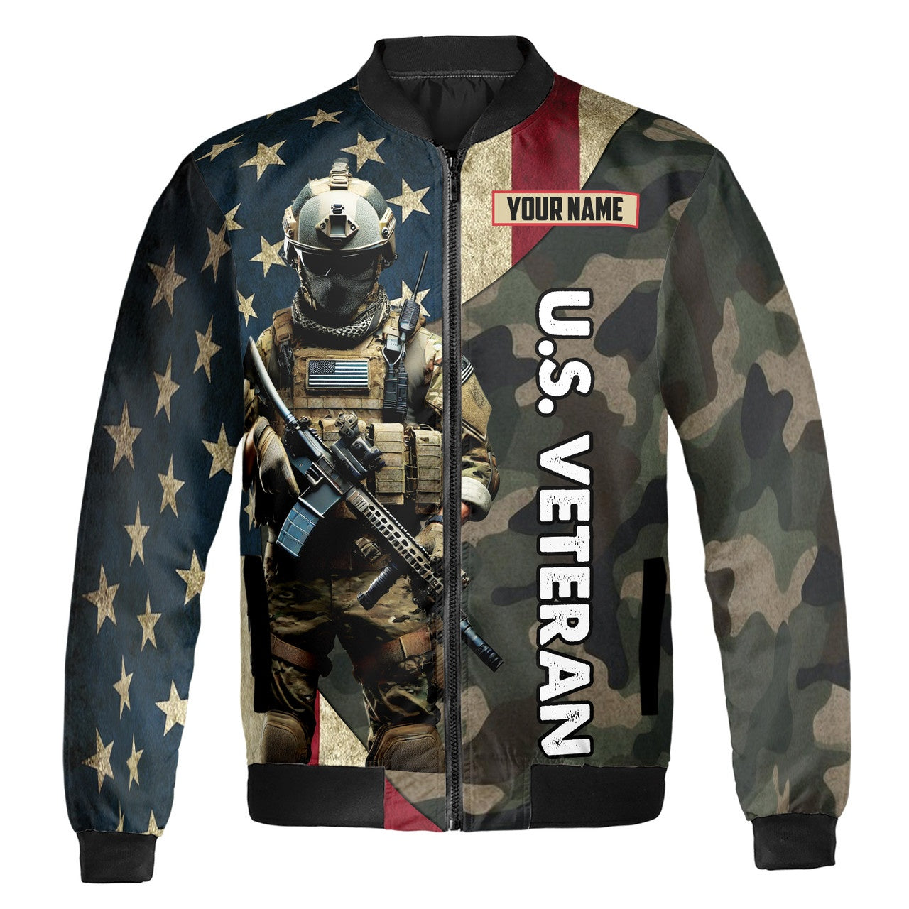 Custom Bomber Jacket Name Us Veteran Camo Dark Colors Adult