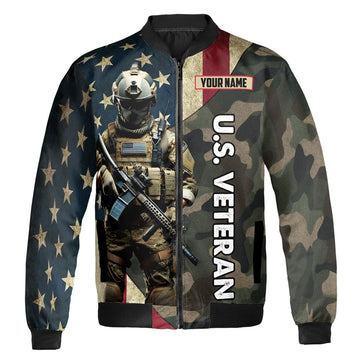 Custom Bomber Jacket Name Us Veteran Camo Dark Colors Adult