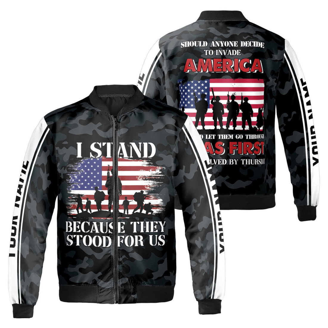 Custom Bomber Jacket Name Veteran Quote I Stand Because Camo Pattern Black Adult