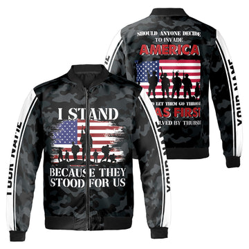 Custom Bomber Jacket Name Veteran Quote I Stand Because Camo Pattern Black Adult