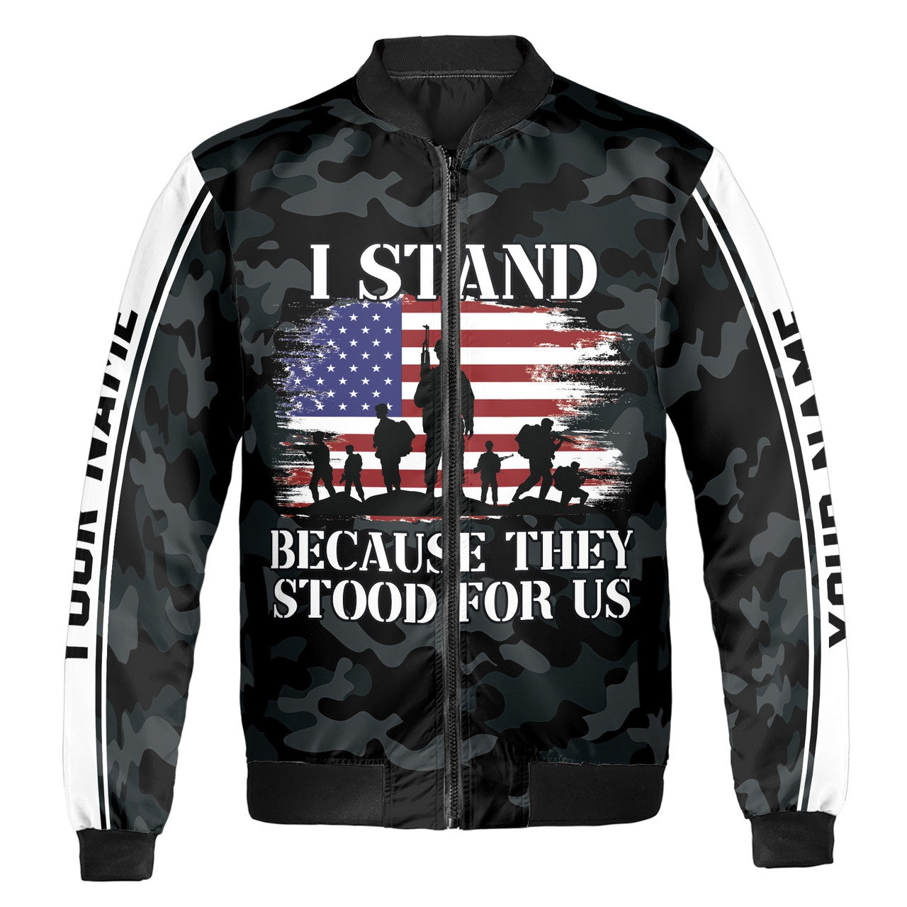 Custom Bomber Jacket Name Veteran Quote I Stand Because Camo Pattern Black Adult