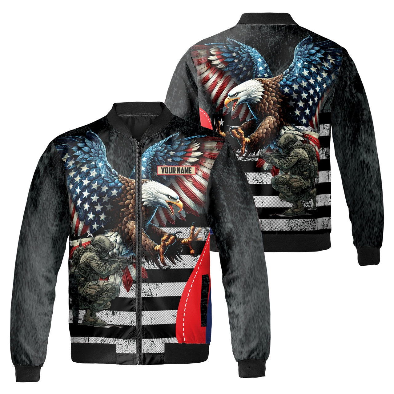 Custom Bomber Jacket Name Veteran Soldier Eagle American Flag Black Adult