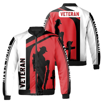 Custom Bomber Jacket Name Veteran Soldiers Tribute Cross Black White Red Adult