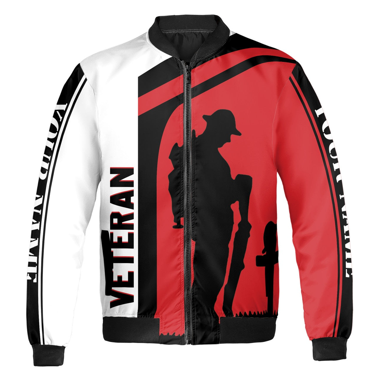 Custom Bomber Jacket Name Veteran Soldiers Tribute Cross Black White Red Adult