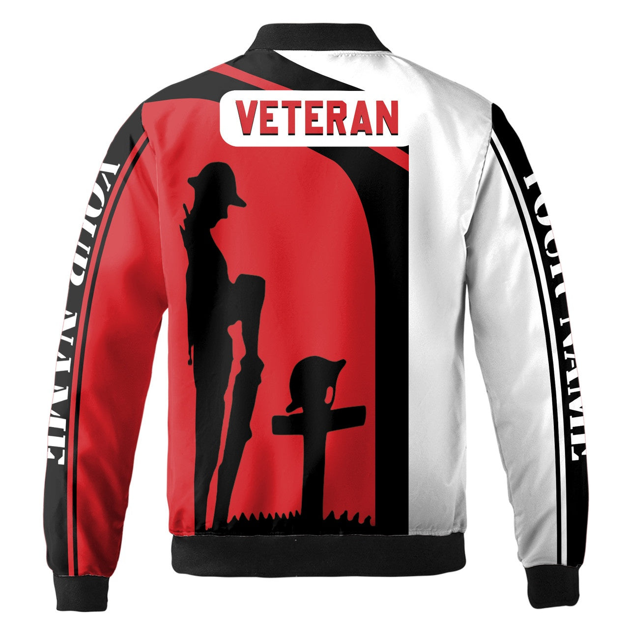 Custom Bomber Jacket Name Veteran Soldiers Tribute Cross Black White Red Adult
