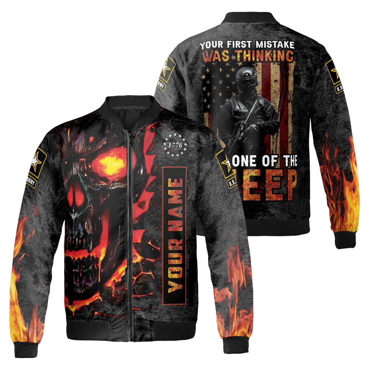 Custom Bomber Jacket Name Veteran Your First Mistake Skull Us Army Black Adult