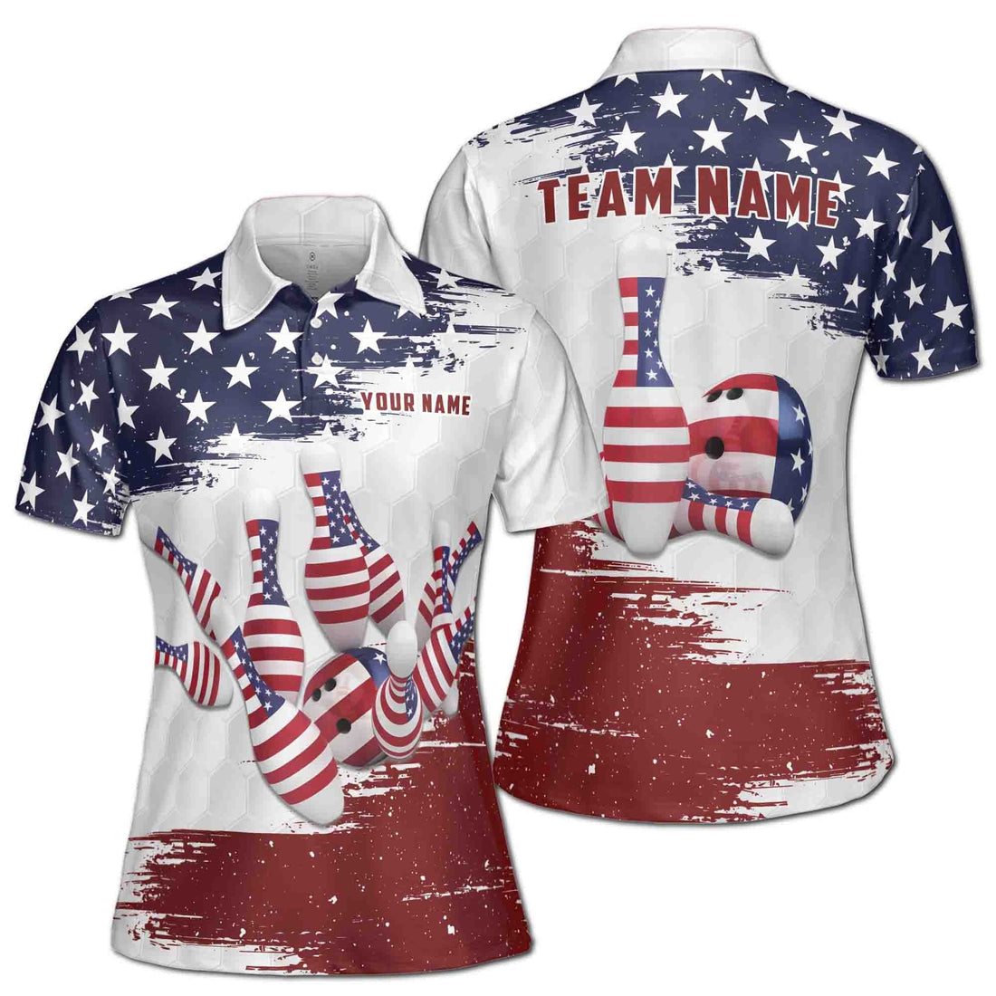 Custom Bowling Polo Shirt Personalized Name Team Name American Flag Grunge Women