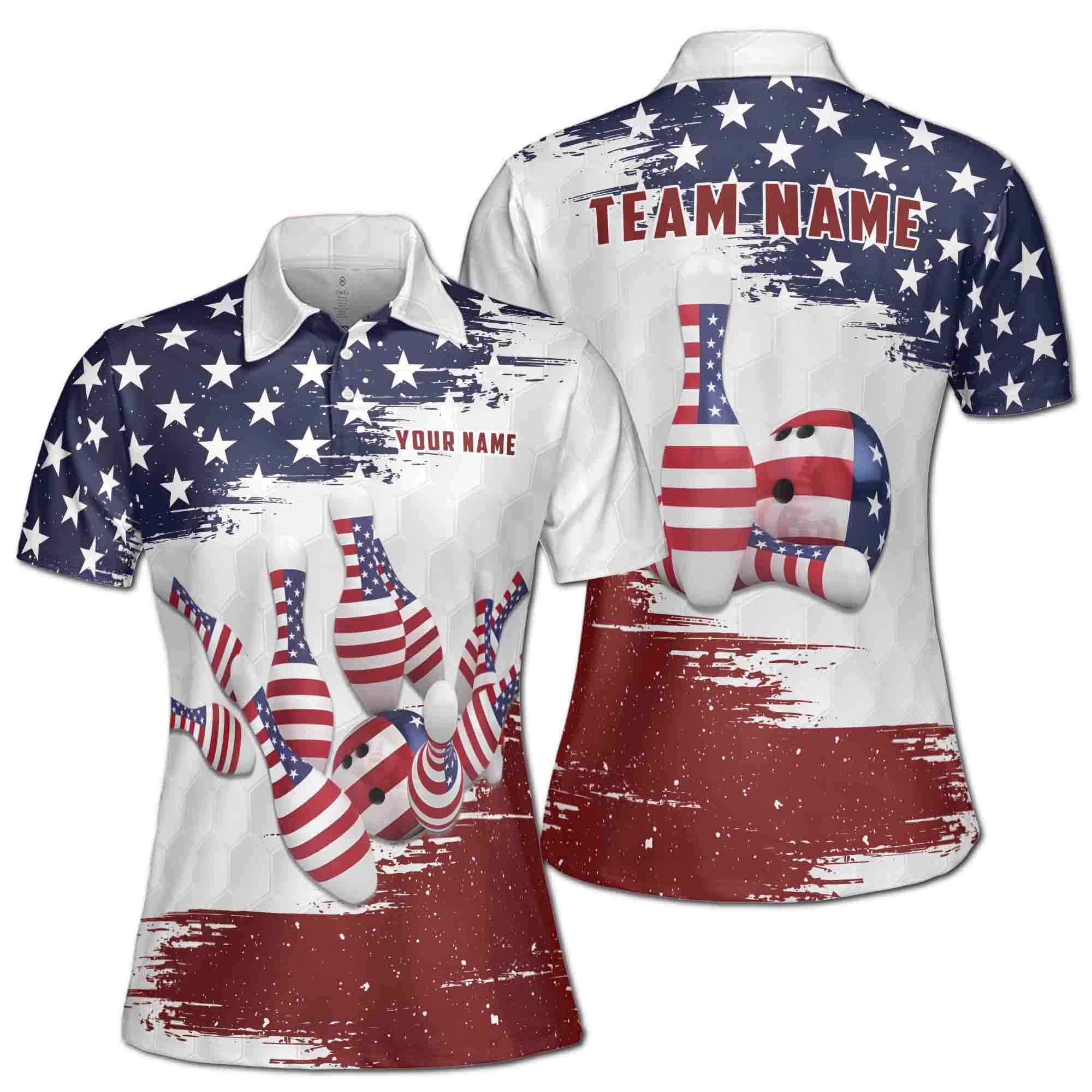 Custom Bowling Polo Shirt Personalized Name Team Name American Flag Grunge Women