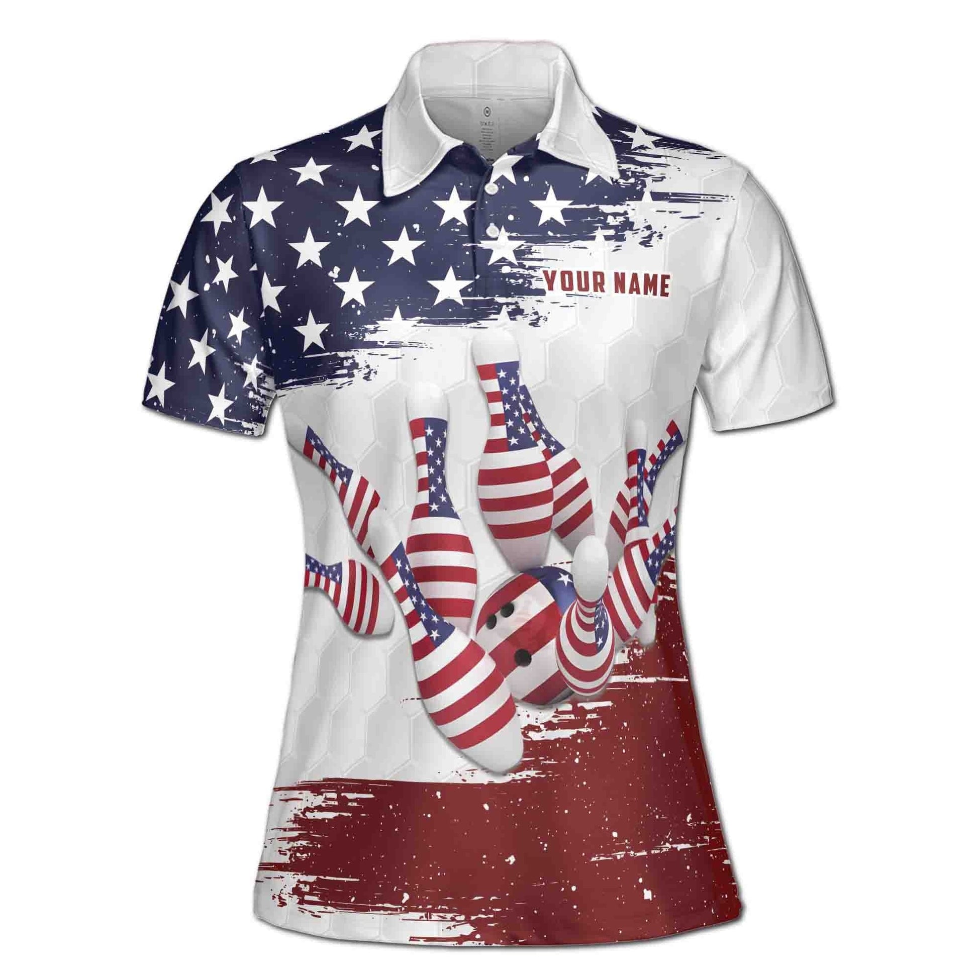 Custom Bowling Polo Shirt Personalized Name Team Name American Flag Grunge Women