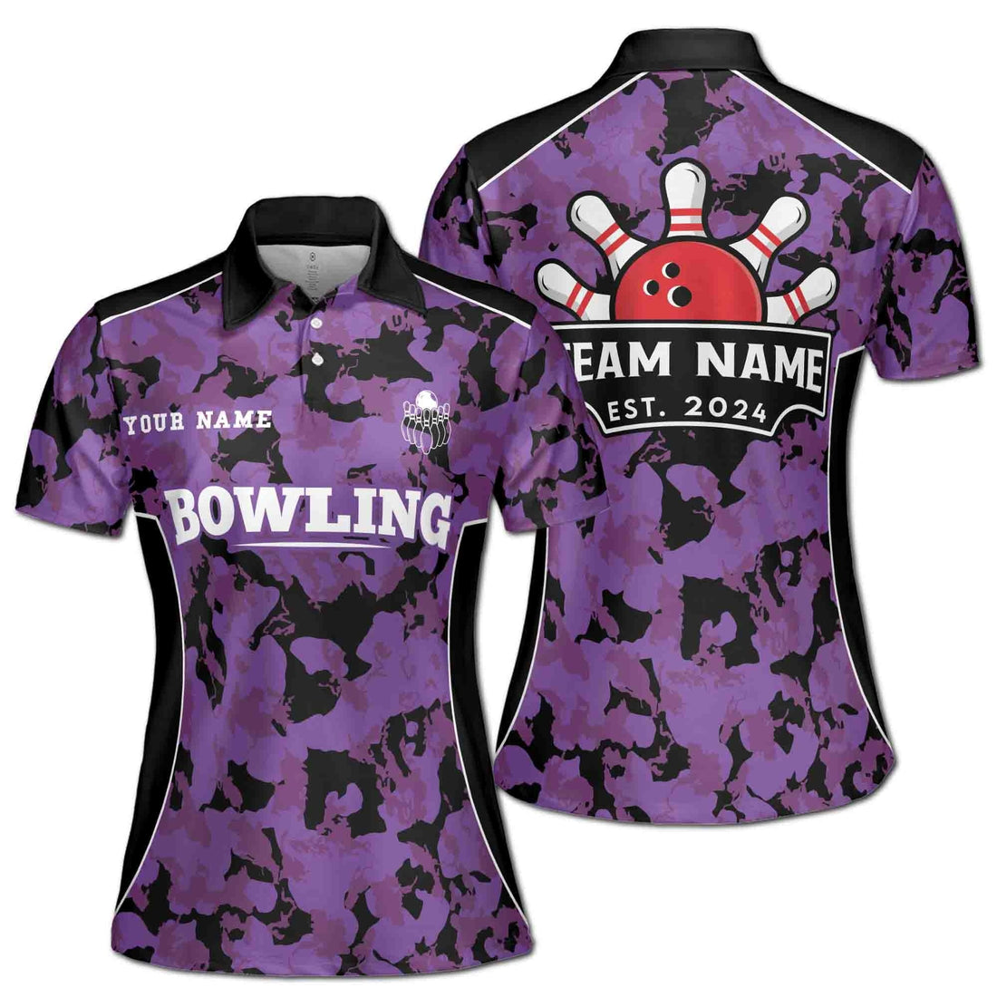 Custom Bowling Polo Shirt Personalized Name Team Name Player Camo Purple Women