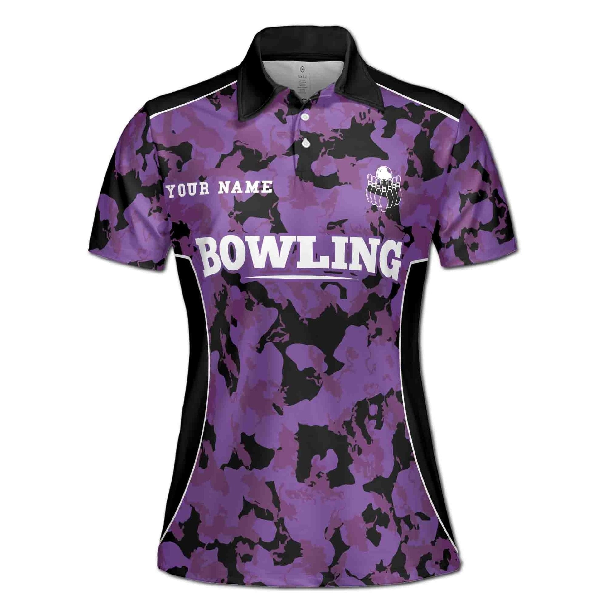 Custom Bowling Polo Shirt Personalized Name Team Name Player Camo Purple Women