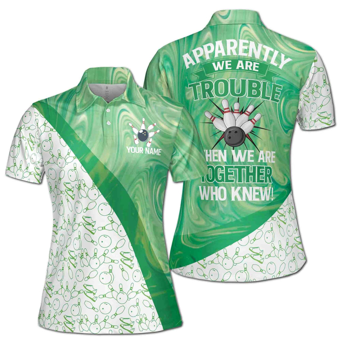 Custom Bowling Polo Shirt Personalized Name Team Name Player Green Marble Women