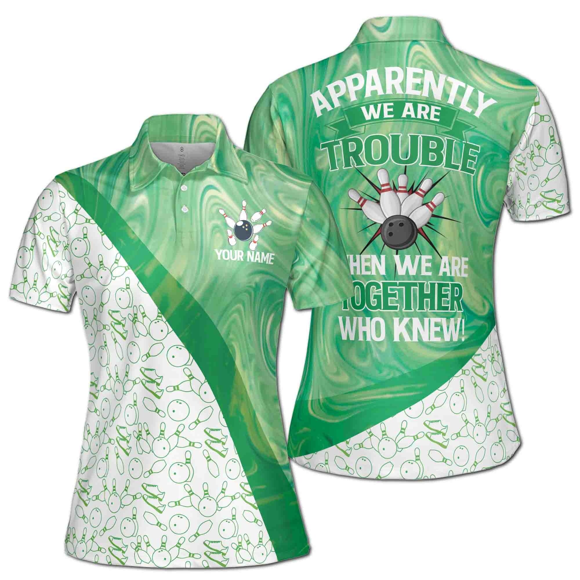 Custom Bowling Polo Shirt Personalized Name Team Name Player Green Marble Women