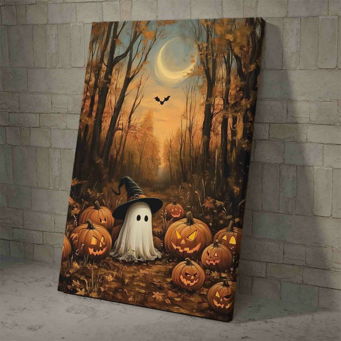 Canvas Halloween Ghost Under Autumn Sky With Funny Pumpkin Wall Art Painting And Poster