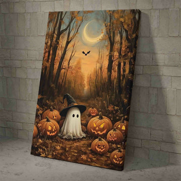 Canvas Halloween Ghost Under Autumn Sky With Funny Pumpkin Wall Art Painting And Poster